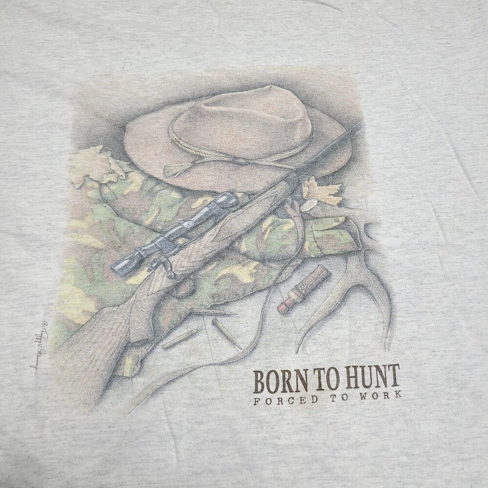 Vintage "Born To Hunt Forced To Work" Men's Size XL Heather Gray Shirt 90's - Picture 2 of 4